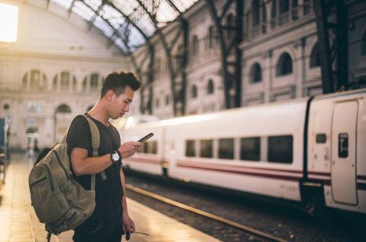 Traveler beside a train