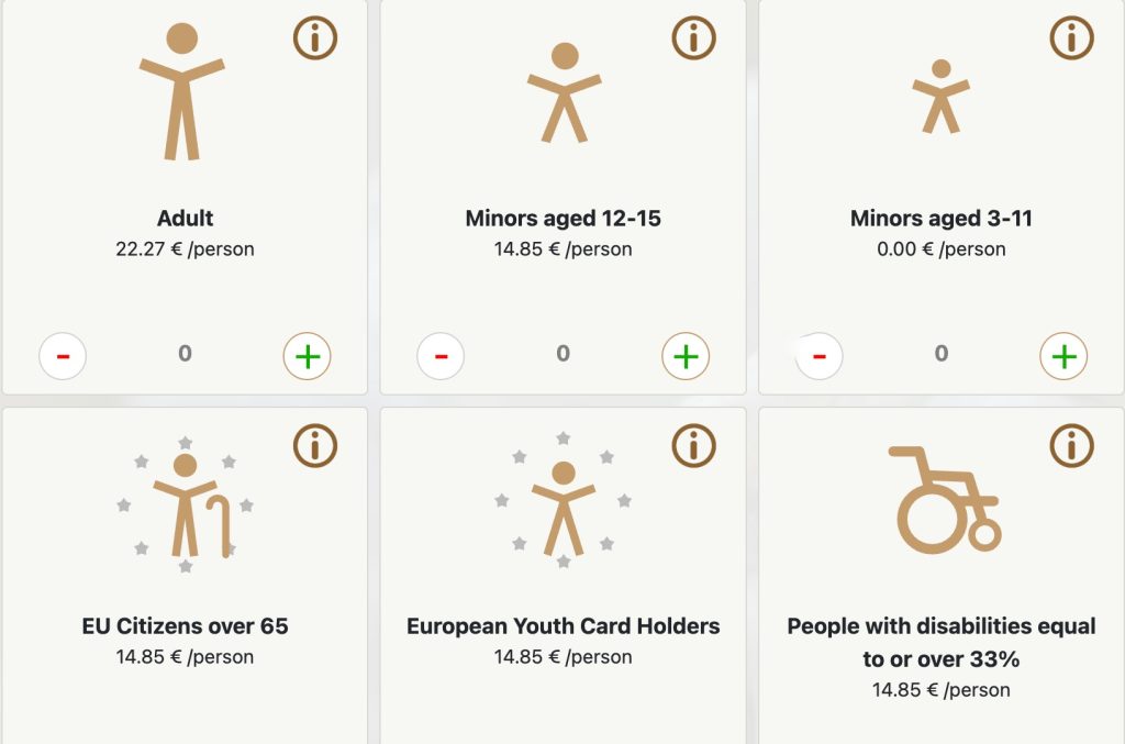 Screenshot of the official Alhambra website showing reduced ticket prices and discounts for visitors based on age and other eligibility criteria.