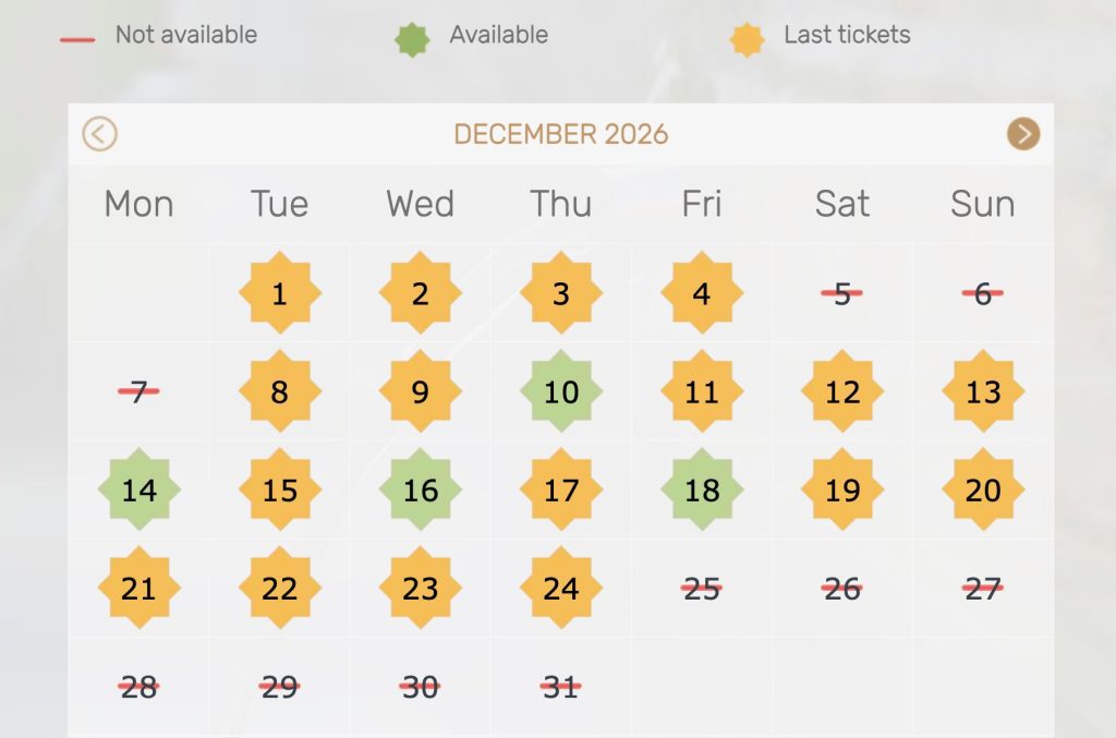 Alhambra ticket booking calendar showing weekends and Christmas dates crossed out, indicating that tickets are sold out.