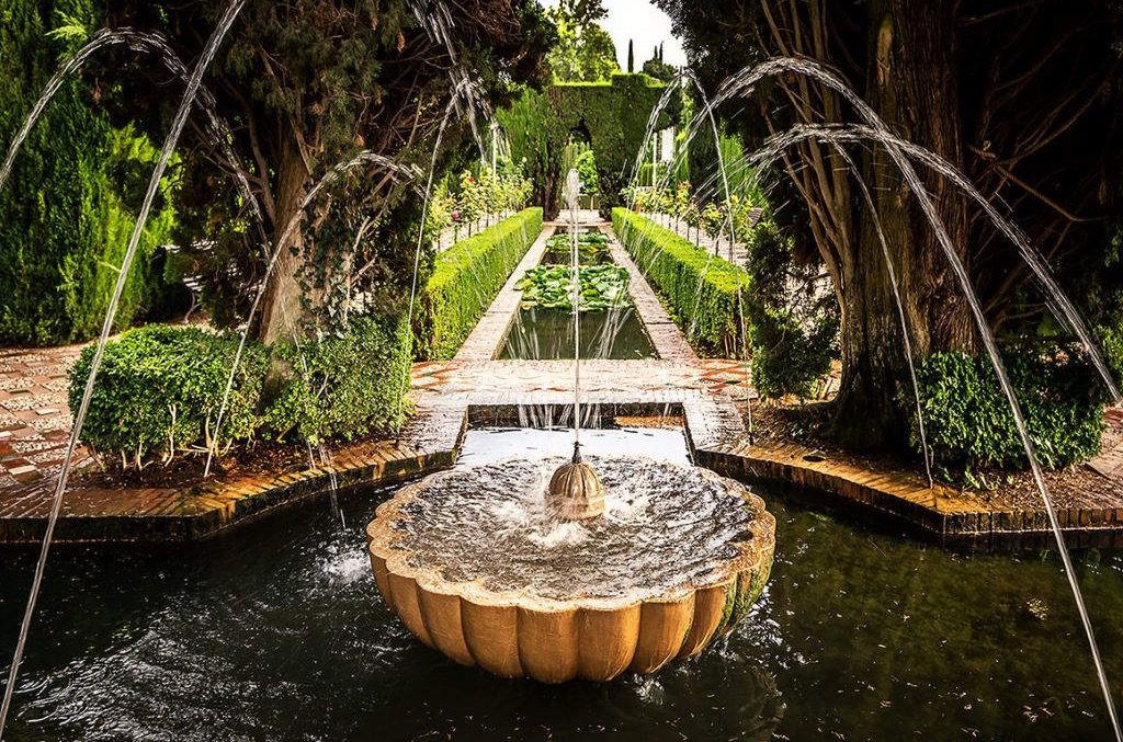 Water fountain in the Generalife gardens, part of the Alhambra complex in Granada, Spain.