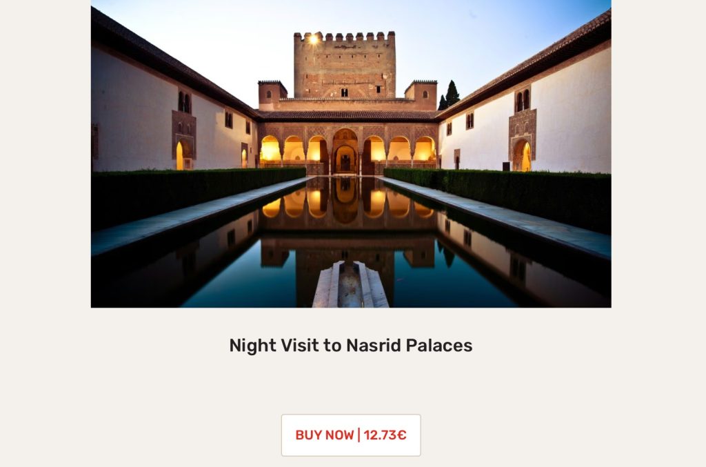 Screenshot of the Nasrid Palaces night visit ticket option on the official Alhambra website.