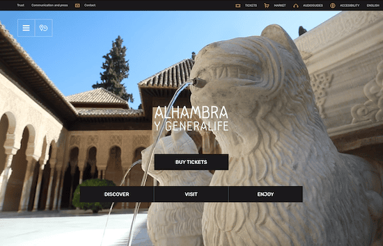Homepage of the official Alhambra website, where visitors can find information and purchase tickets online.