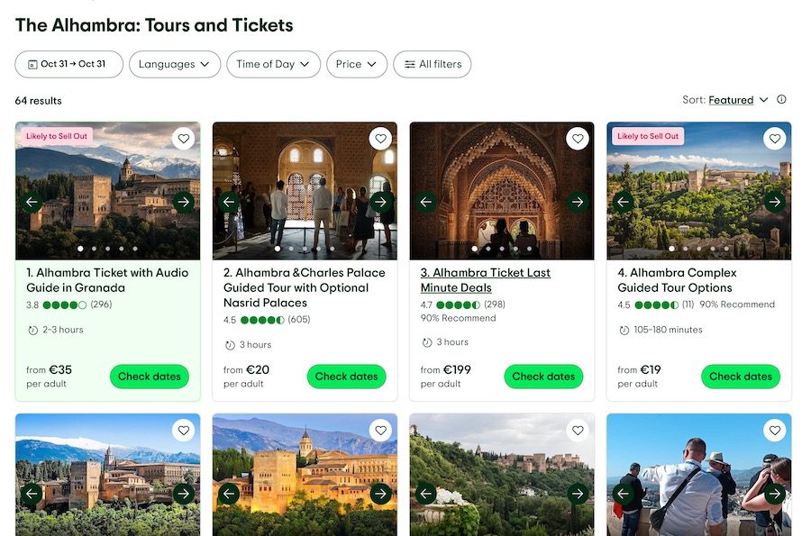Online booking website offering guided tours of the Alhambra with admission tickets included.