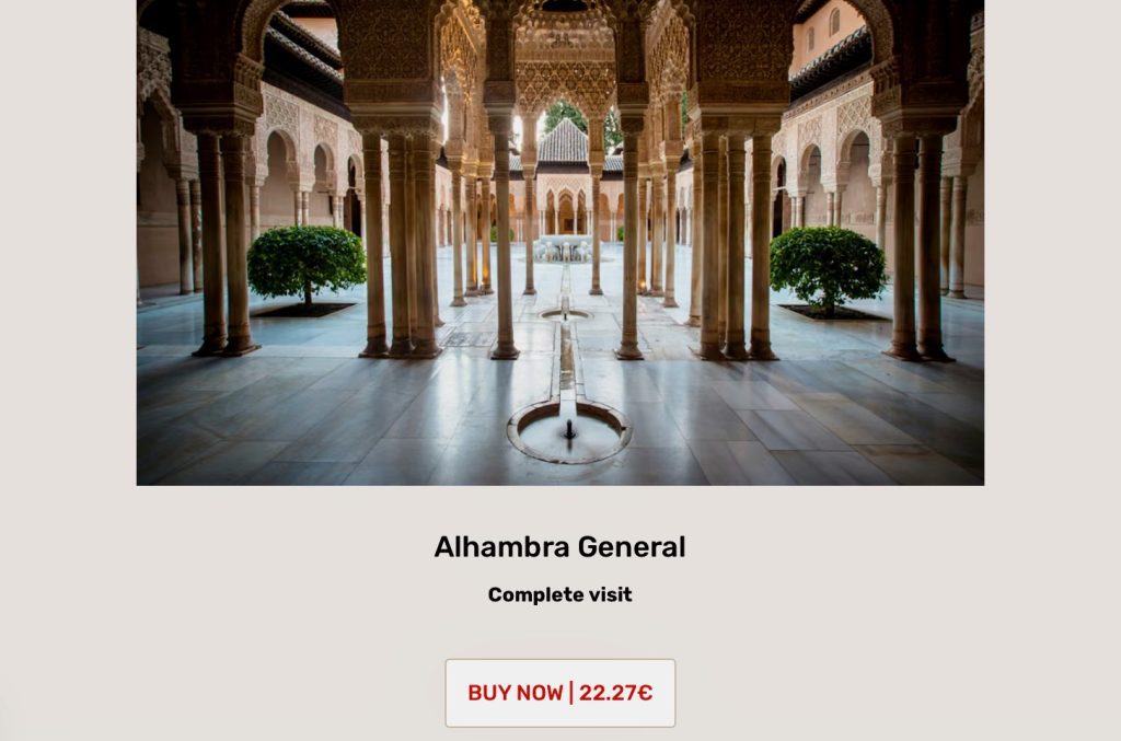 Alhambra General ticket option displayed on the official Alhambra booking website, including access to the Nasrid Palaces.